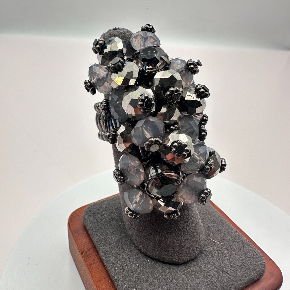 Vintage Silver Faux Hematite Black Diamond Cluster Stretch Cocktail Ring